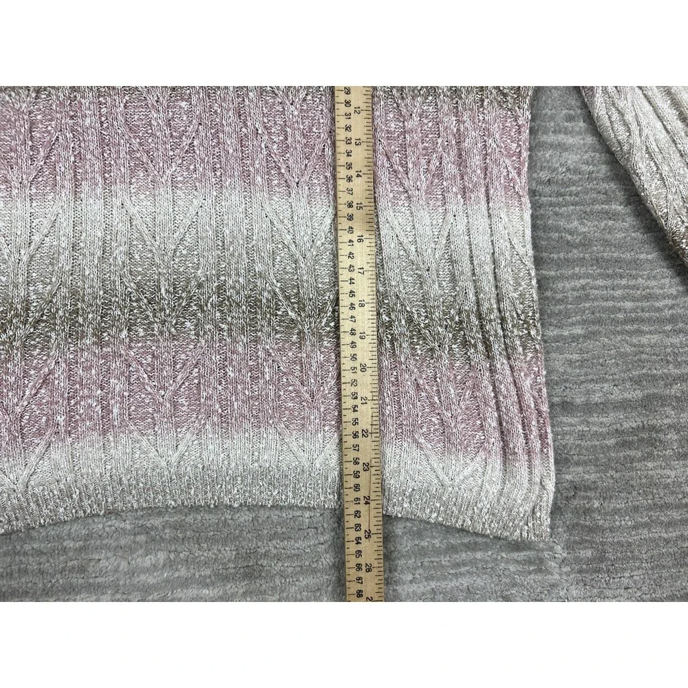 Alfred Dunner Sweater Women M Pink Ombre Cable Knit Beaded Split Neck 3/4 Sleeve